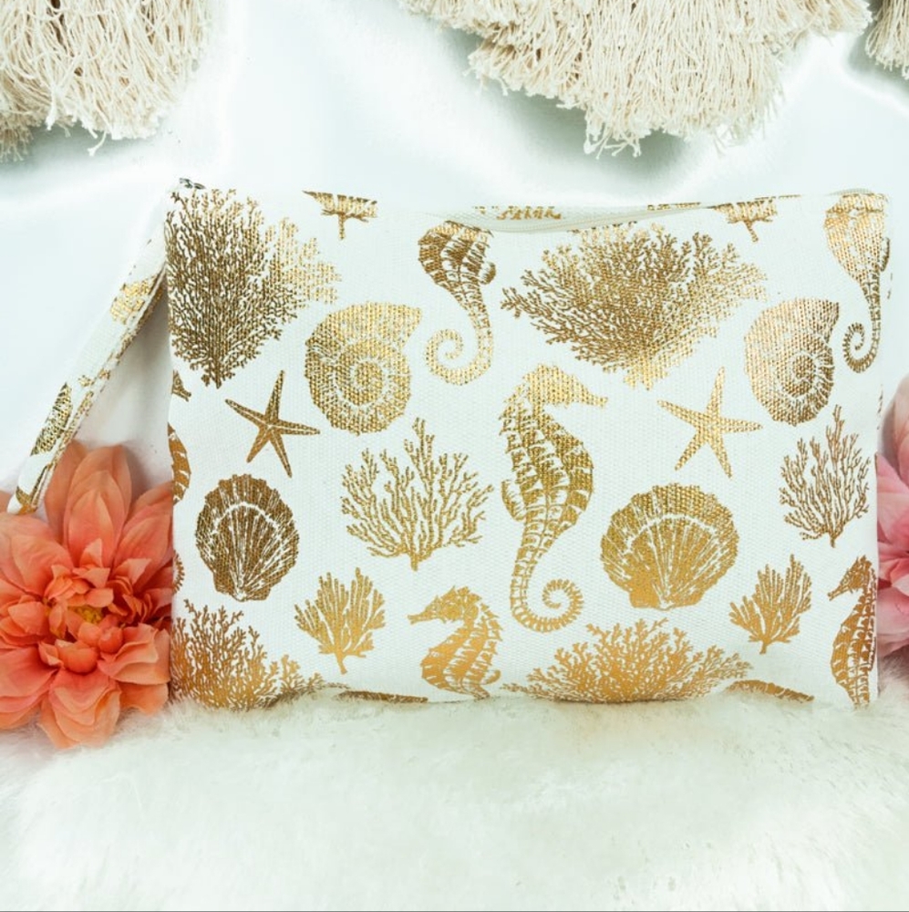 NEW 🪸 White Wristlet Pouch with Gold Sea Life print